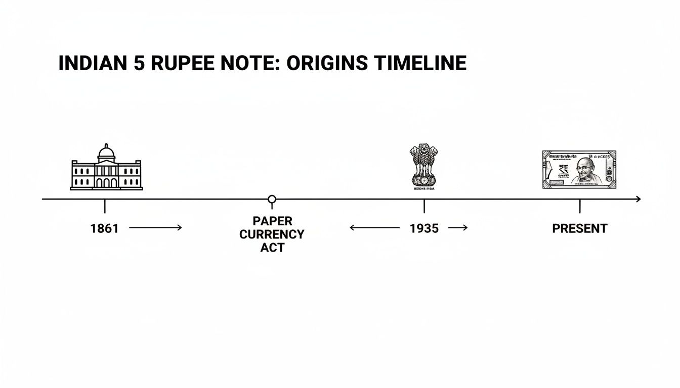 Timeline illustrating the origins and evolution of the Indian 5 Rupee note over time.
