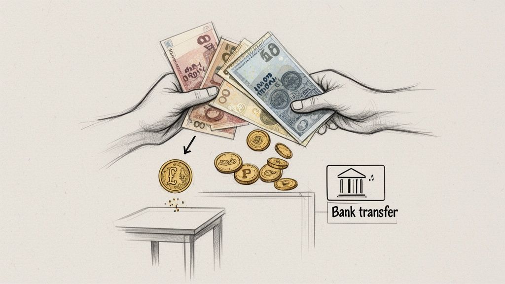 Hands exchanging banknotes, with coins and a 'Bank transfer' icon, representing financial transactions.