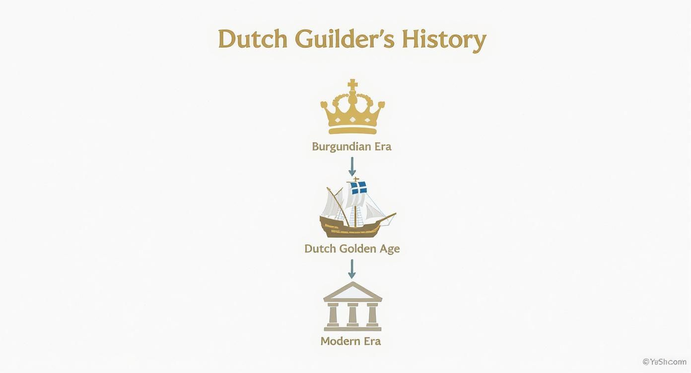 A visual timeline illustrating the history of the Dutch Guilder through three distinct eras.