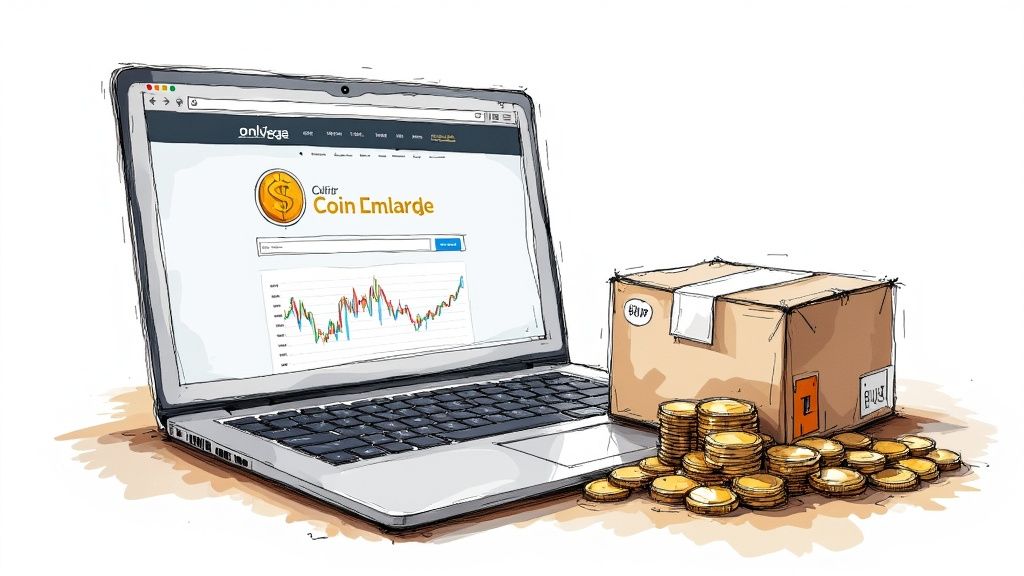 A person easily packing unsorted foreign coins into a mailing bag.