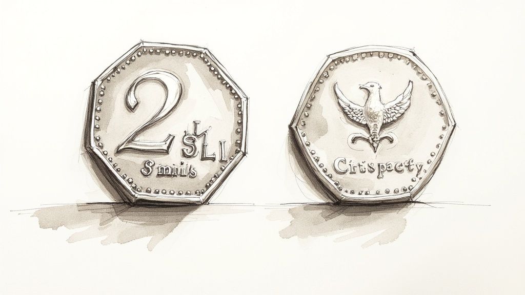 A person examining a 2 shilling coin with a magnifying glass to assess its condition.