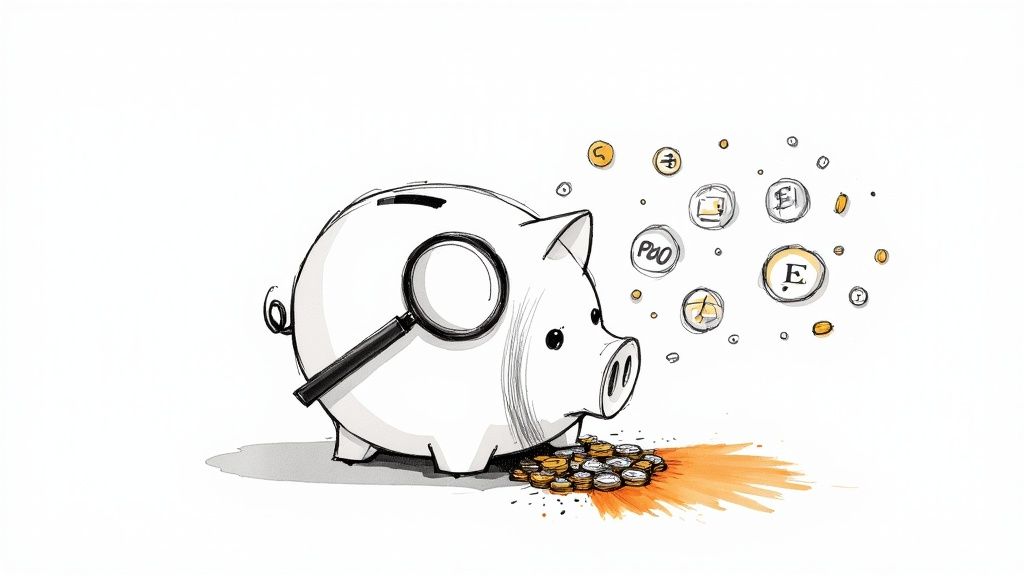 A collection of foreign coins and old banknotes scattered on a table.