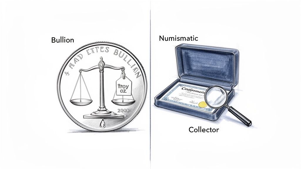 Illustrates the difference between bullion (valued by weight) and numismatic (collector) coins.