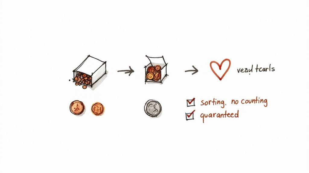 A person holding a collection of foreign coins in their hands, ready for exchange