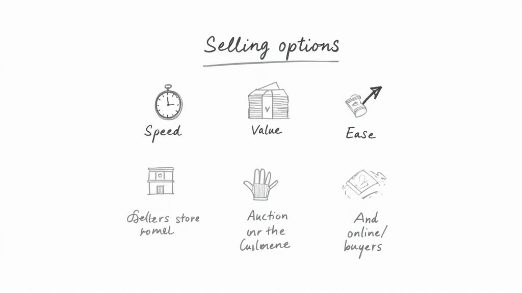 A whiteboard sketch illustrating selling options, categorizing by speed, value, ease, and sales channels.