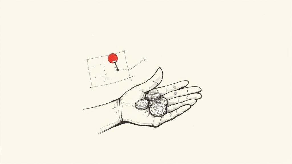 Illustration of a hand holding coins next to a map with a red pushpin indicating a path.
