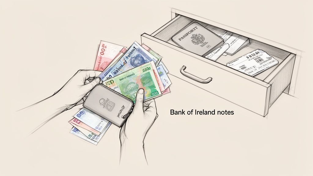 Illustration of a hand holding money from a wallet, with a drawer containing a passport and tickets.