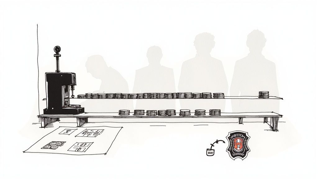 A detailed sketch illustrates a coin production line with a press, stacked coins, and blurred worker silhouettes.