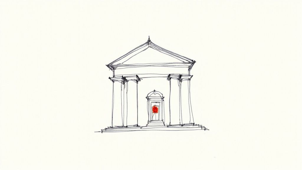 A minimalist hand-drawn sketch of a classical building with columns and a vibrant red rose in its entrance.