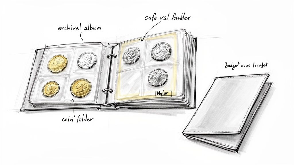 Illustration of an open archival coin album with Mylar pages, displaying coins, next to a closed coin folder.