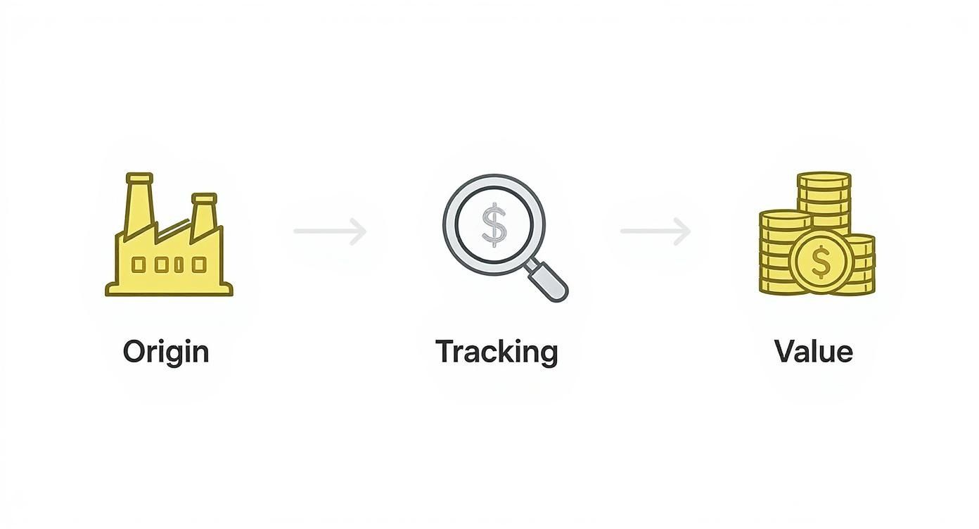 A visual flow showing origin, tracking, and value represented by a factory, magnifying glass, and coins.