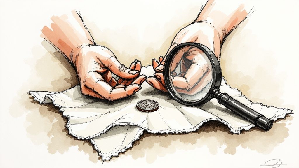 A person carefully examining a collection of old coins with a magnifying glass.
