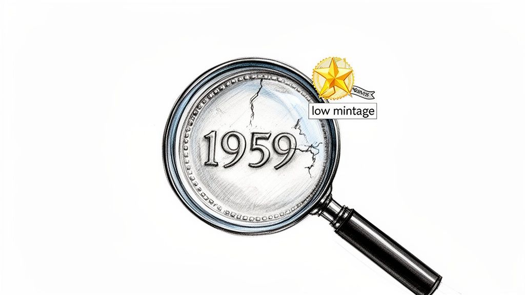 Magnifying glass over a 1959 coin, with a "low mintage" badge, indicating rarity.