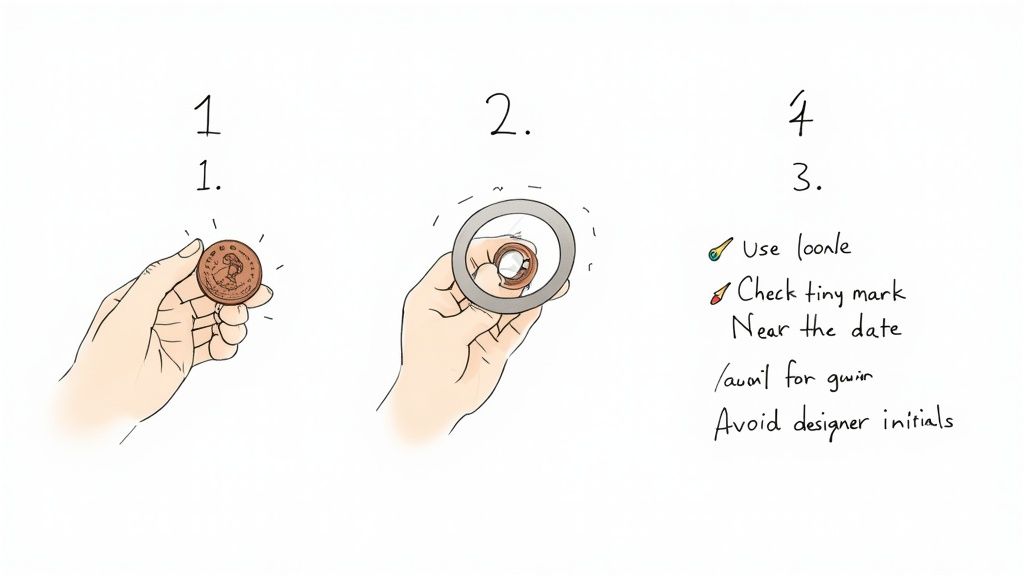 A hand inspecting a coin with a magnifying glass, following steps to check for a tiny mark.
