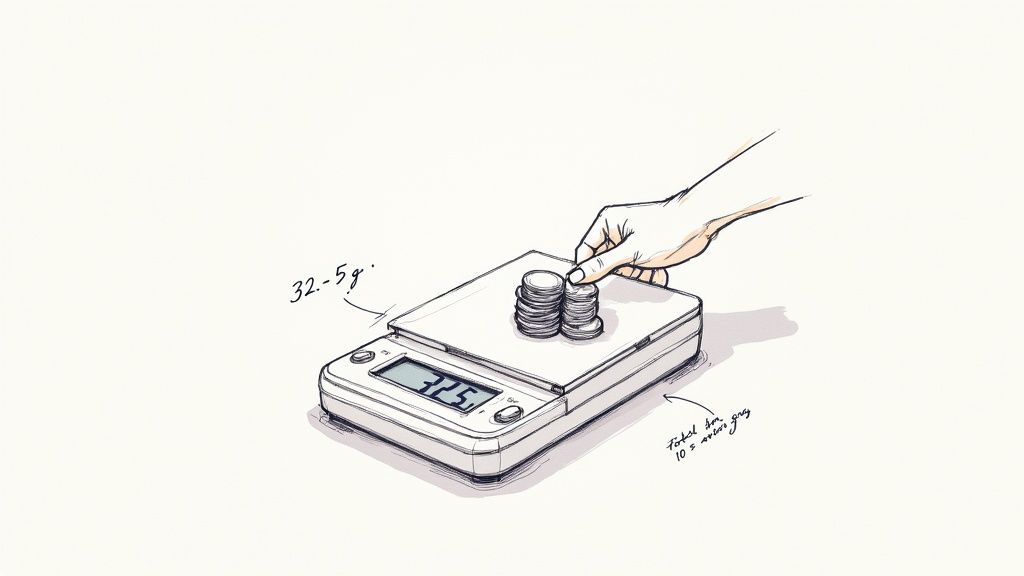 A hand places coins on a digital scale, which displays a weight of 32.5 grams.