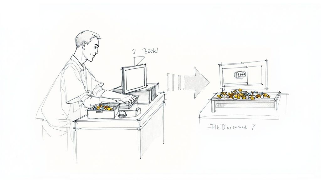 An expert sorting through a variety of international coins with specialised equipment.