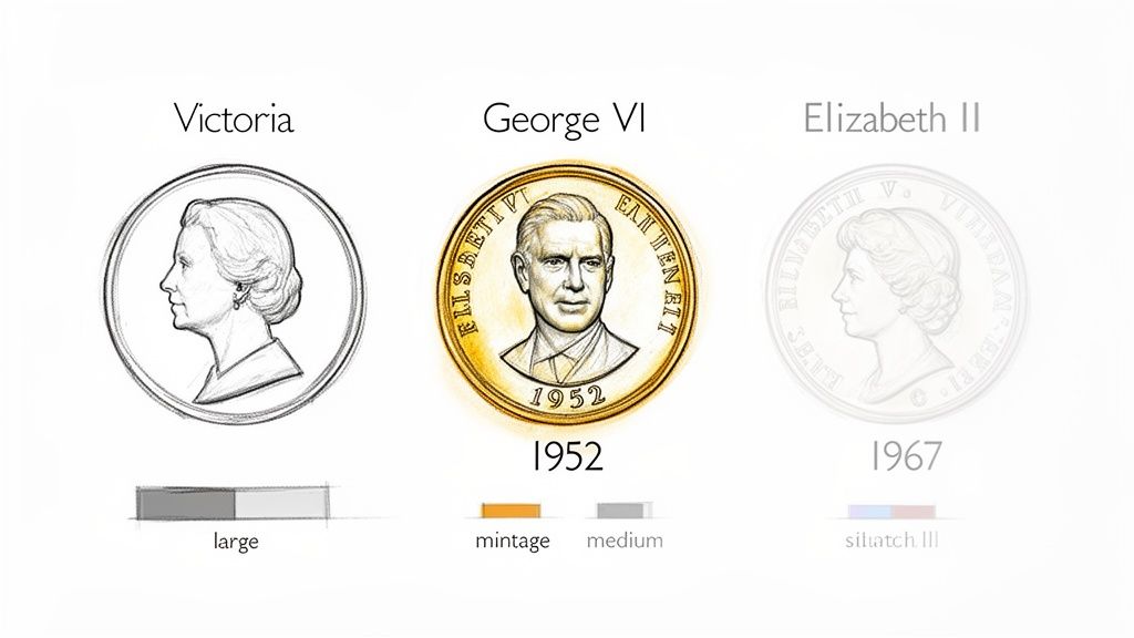 Three British coin designs featuring Victoria, George VI (1952), and Elizabeth II (1967), with related information.
