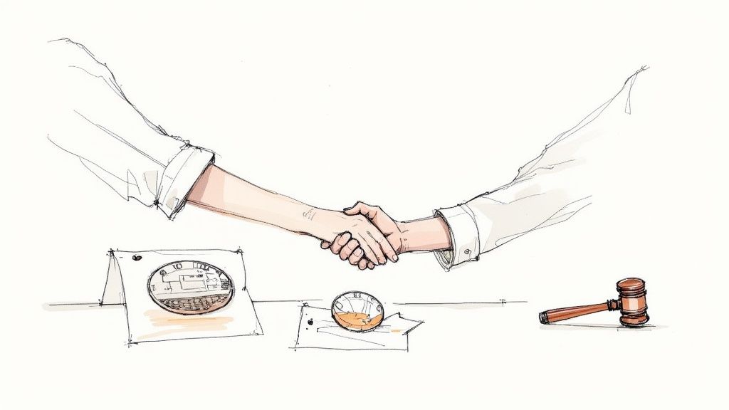 A professional coin dealer using a loupe to inspect a rare silver coin on a velvet tray.