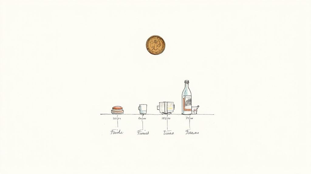 A nostalgic black-and-white image of a 1950s British street scene with period cars and shops.