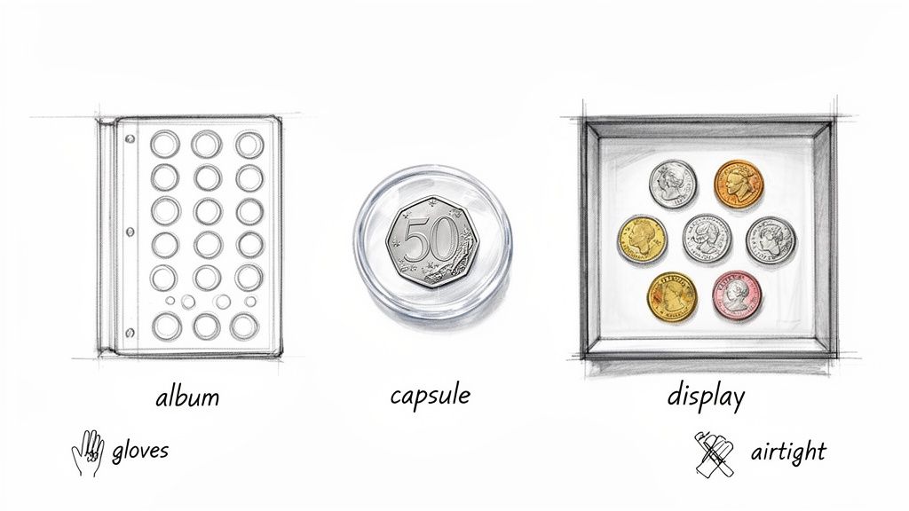 Illustrations of coin collecting accessories, including an album, capsule with 50p coin, display case, gloves, and airtight storage.