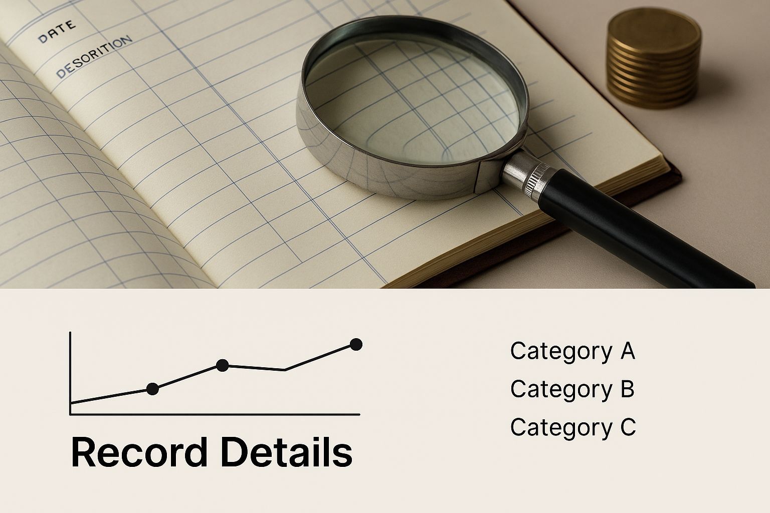 Infographic detailing the essential records for cataloguing coins, shown next to a ledger and magnifying glass.