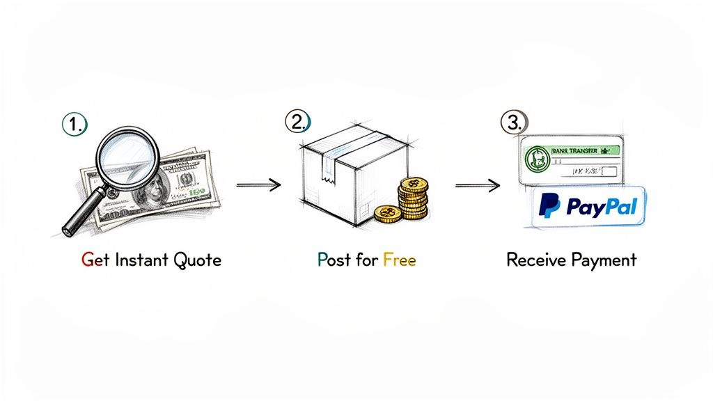Three-step process: get instant quote with money, post package for free, and receive payment via bank transfer or PayPal.
