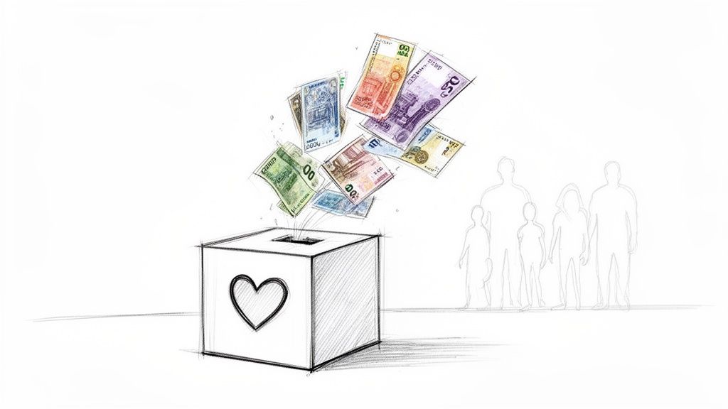 Illustration of colorful banknotes falling into a donation box with a heart, symbolizing charity for a family.