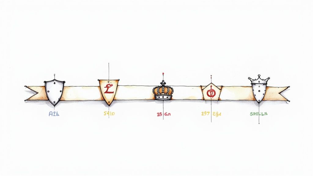 A collection of old British shilling coins scattered on a wooden surface, showing various monarchs and designs.