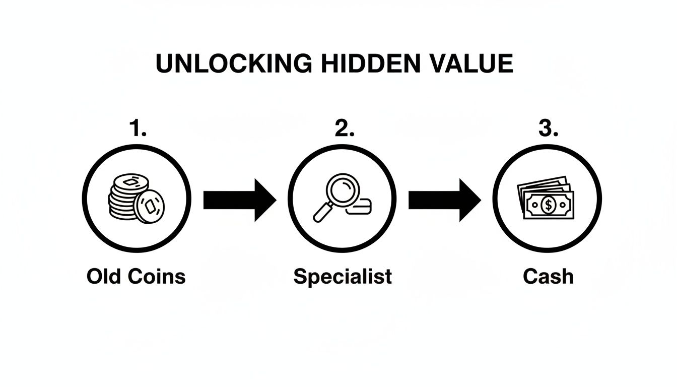 A three-step diagram illustrating how old coins are converted into cash with a specialist's help.