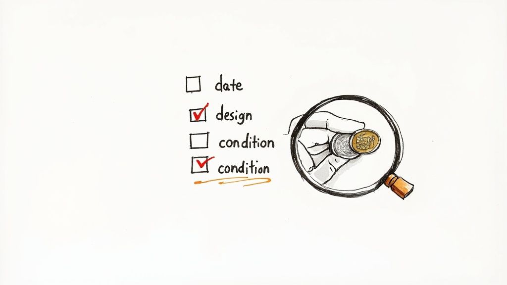 A person's hand holding a magnifying glass over several 50p coins to inspect them.