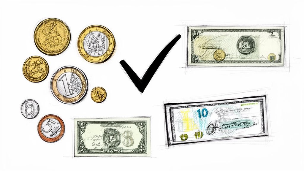 Sketch of various international coins including Euros, golden coins, and dollar-like banknotes with a checkmark.