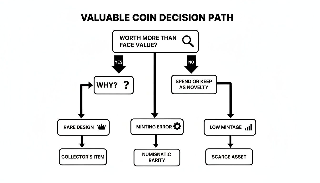 A flowchart detailing the decision path for valuable coins, explaining factors like rare design and minting errors.