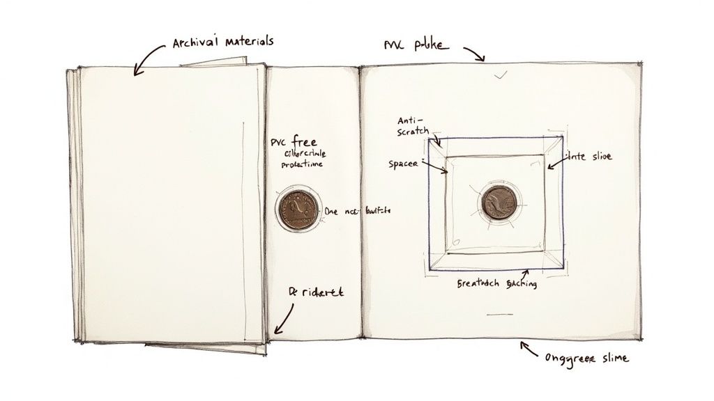A person carefully placing a coin into a specialised album.
