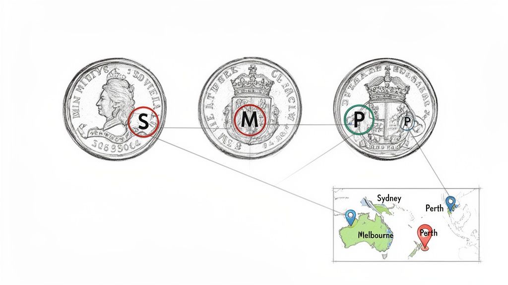 Three gold sovereign coin designs with S, M, P mint marks connected to Australian mint cities on a map.
