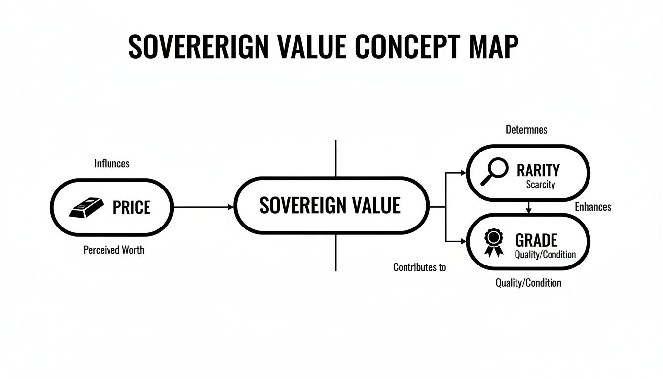 Sovereign Value concept map detailing relationships between Price, Rarity (Scarcity), and Grade (Quality/Condition).