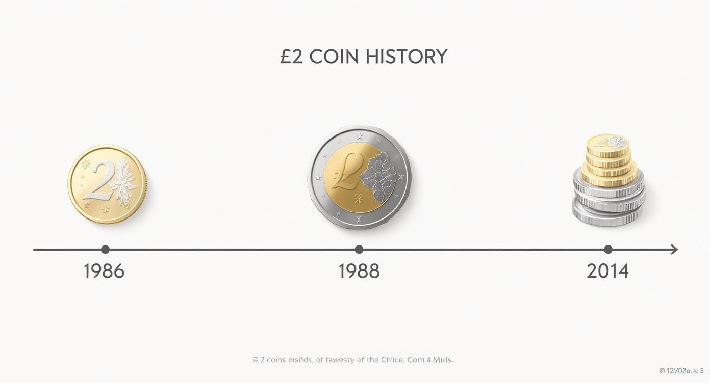 A timeline illustrating the evolution and history of the two-pound coin with three distinct designs across years 1986, 1988, and 2014.