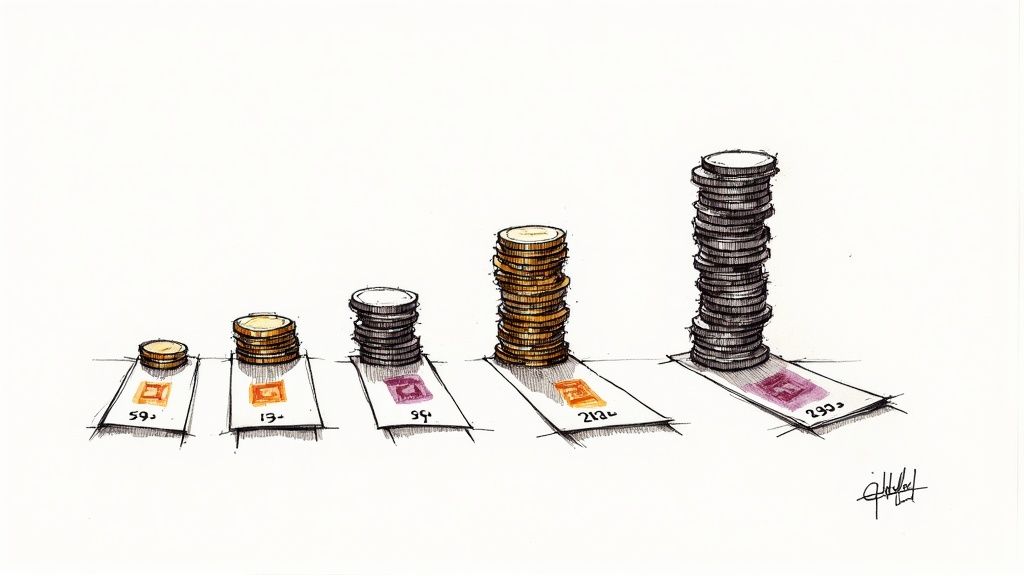 A magnifying glass hovering over several old, rare coins on a wooden table.