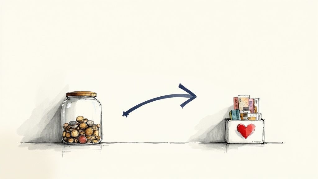 A large collection of colourful foreign coins and banknotes spread out on a surface, ready for donation.