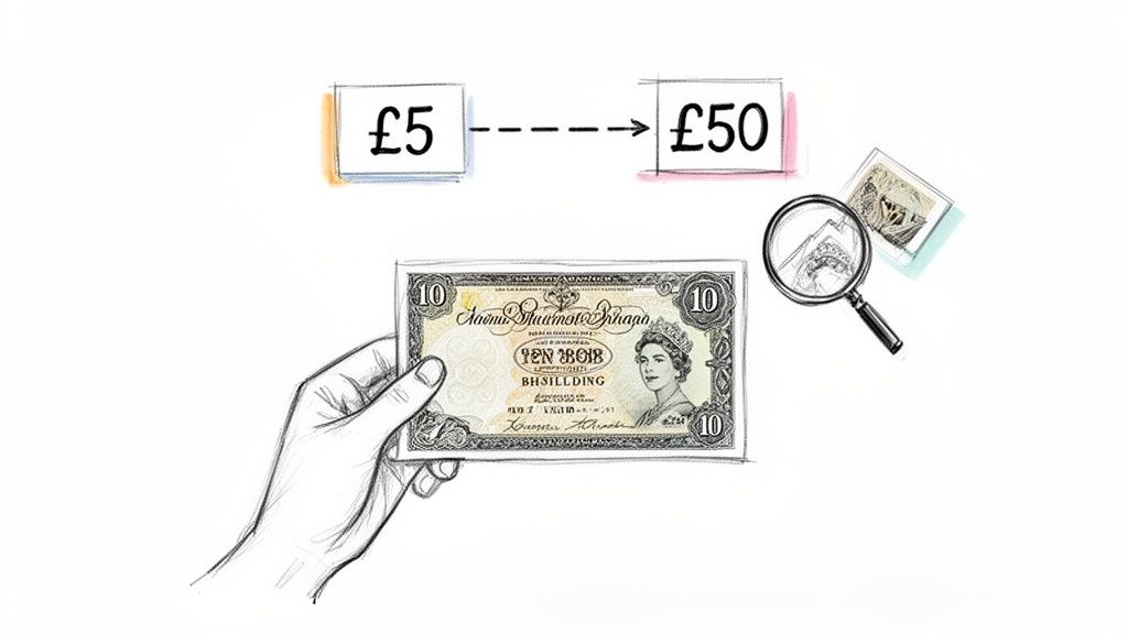 A hand holds an old 10 shilling banknote, illustrating currency valuation and a significant increase from £5 to £50.