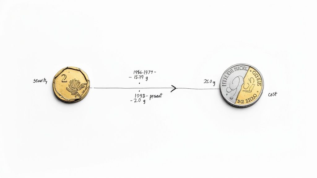 Diagram showing a '2' coin (security) and its weight reduction, contrasted with a '50' coin (cost) and '210g'.