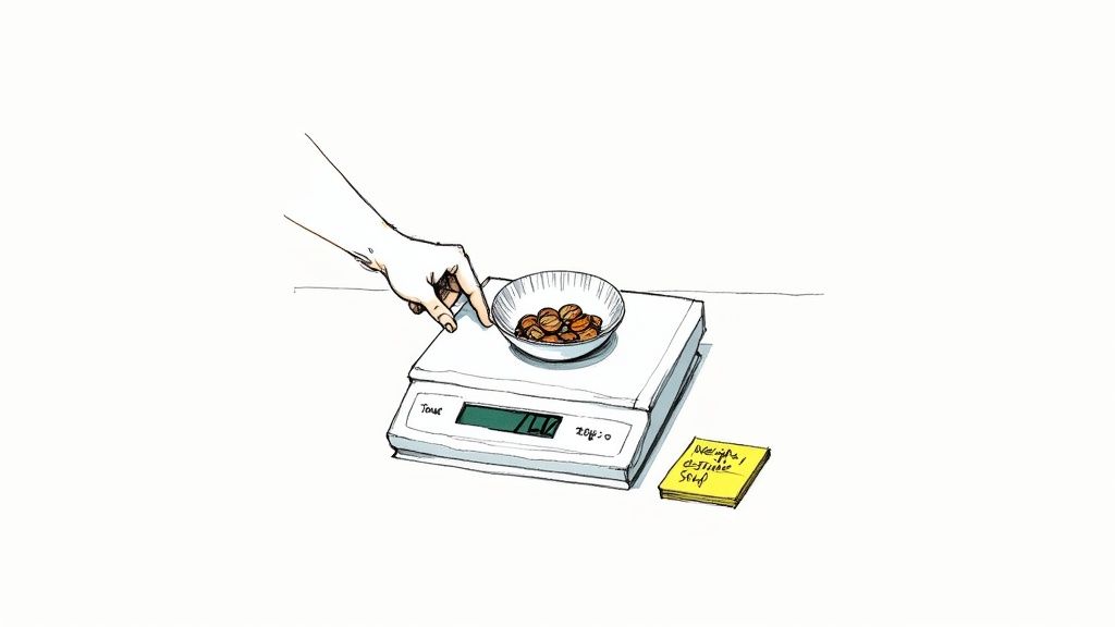 A person weighing a bowl of coins on a digital kitchen scale