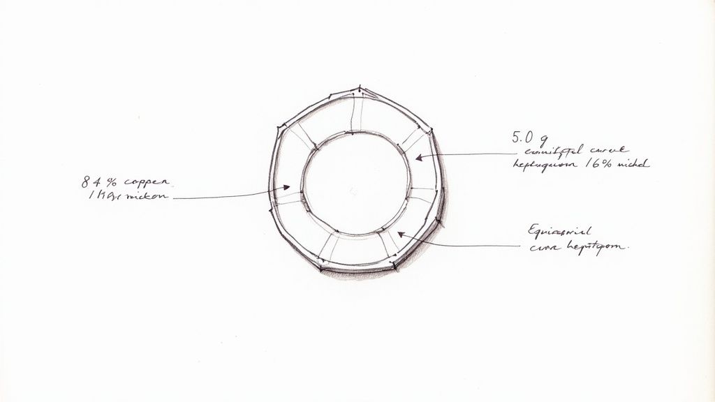 Hand-drawn sketch of a heptagonal coin with specifications for weight, composition, and shape.