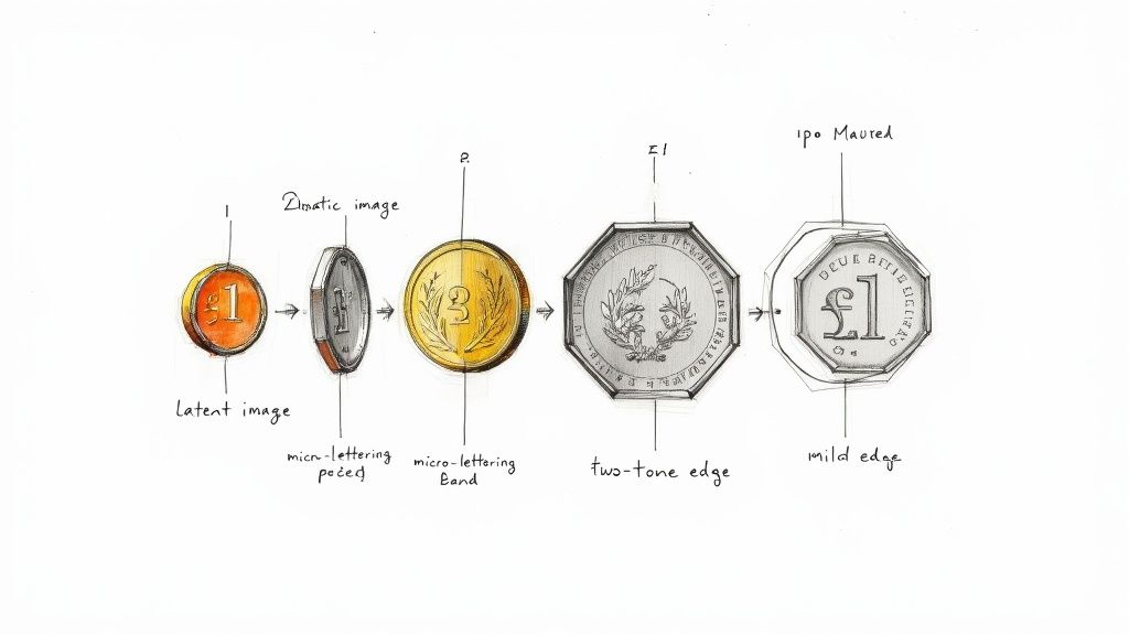 A detailed drawing illustrating various security features and design elements of a pound coin.