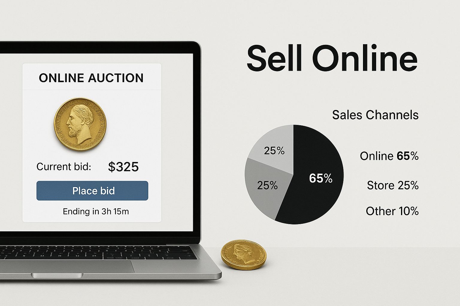 A laptop displaying an online auction page next to a physical coin, with 'Sell Online' text overlay.