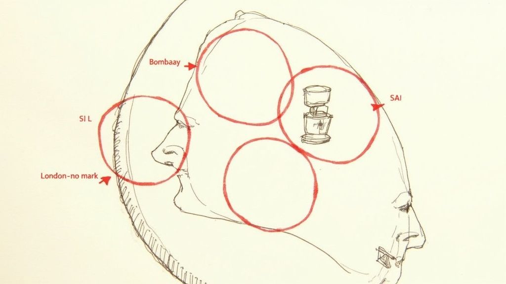 A sketch of overlapping faces with red circles highlighting areas labeled 'Bombaay', 'SI L', 'SAI', and 'London-no mark'.
