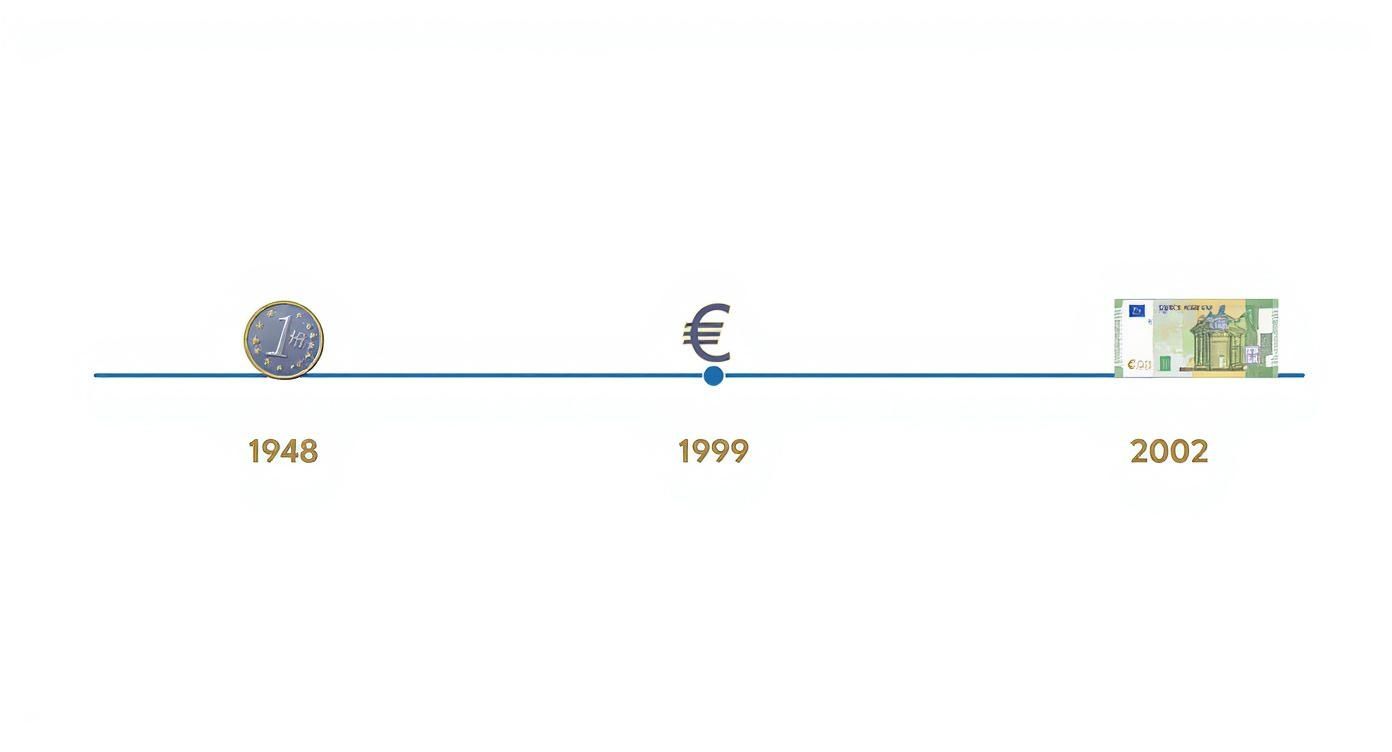 Timeline illustrating the progression of German currency from 1948 Deutsche Mark to 2002 Euro banknote.