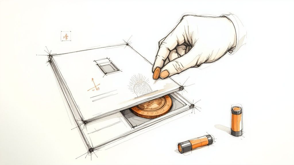 Hand placing coin into protective display case for album coin collection storage
