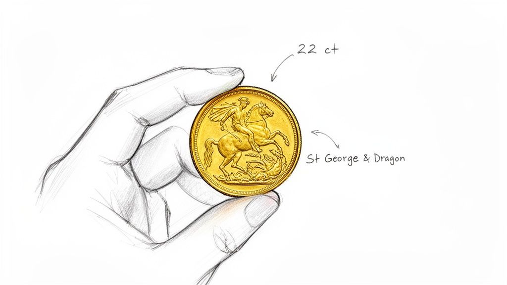 Sketch of a hand holding a 22 ct gold sovereign coin featuring St George & Dragon.