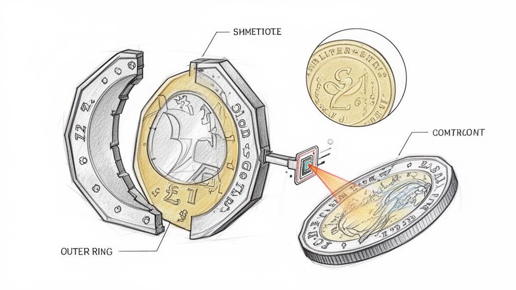 Detailed illustration of a pound coin's components and a laser-based counterfeit detection system.
