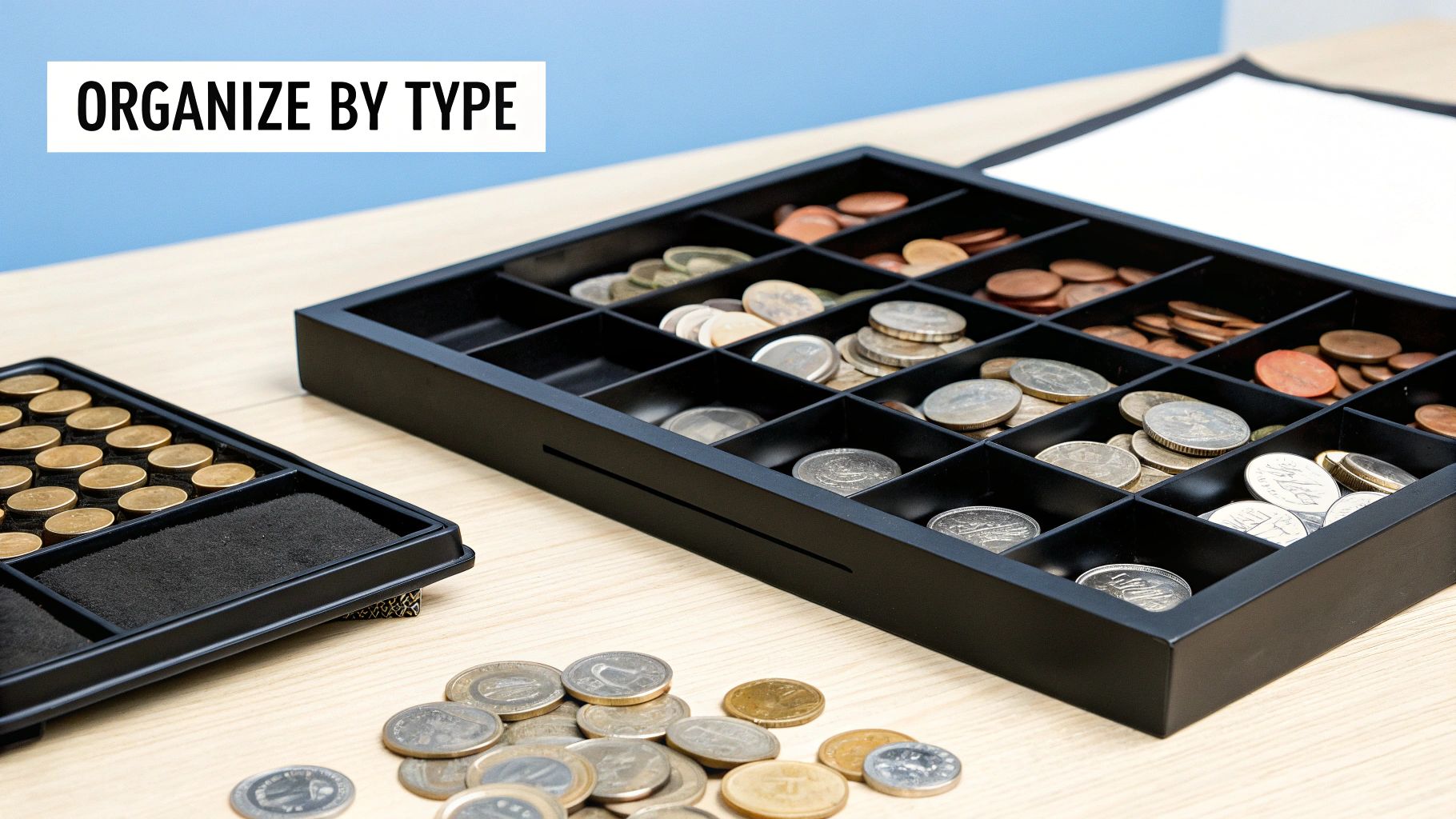 A person carefully examining a collection of coins with a magnifying glass and taking notes in a ledger.